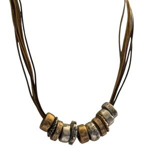 Chico’s Signed Multi-Leather Strand Necklace with Brass and Silver word Beads